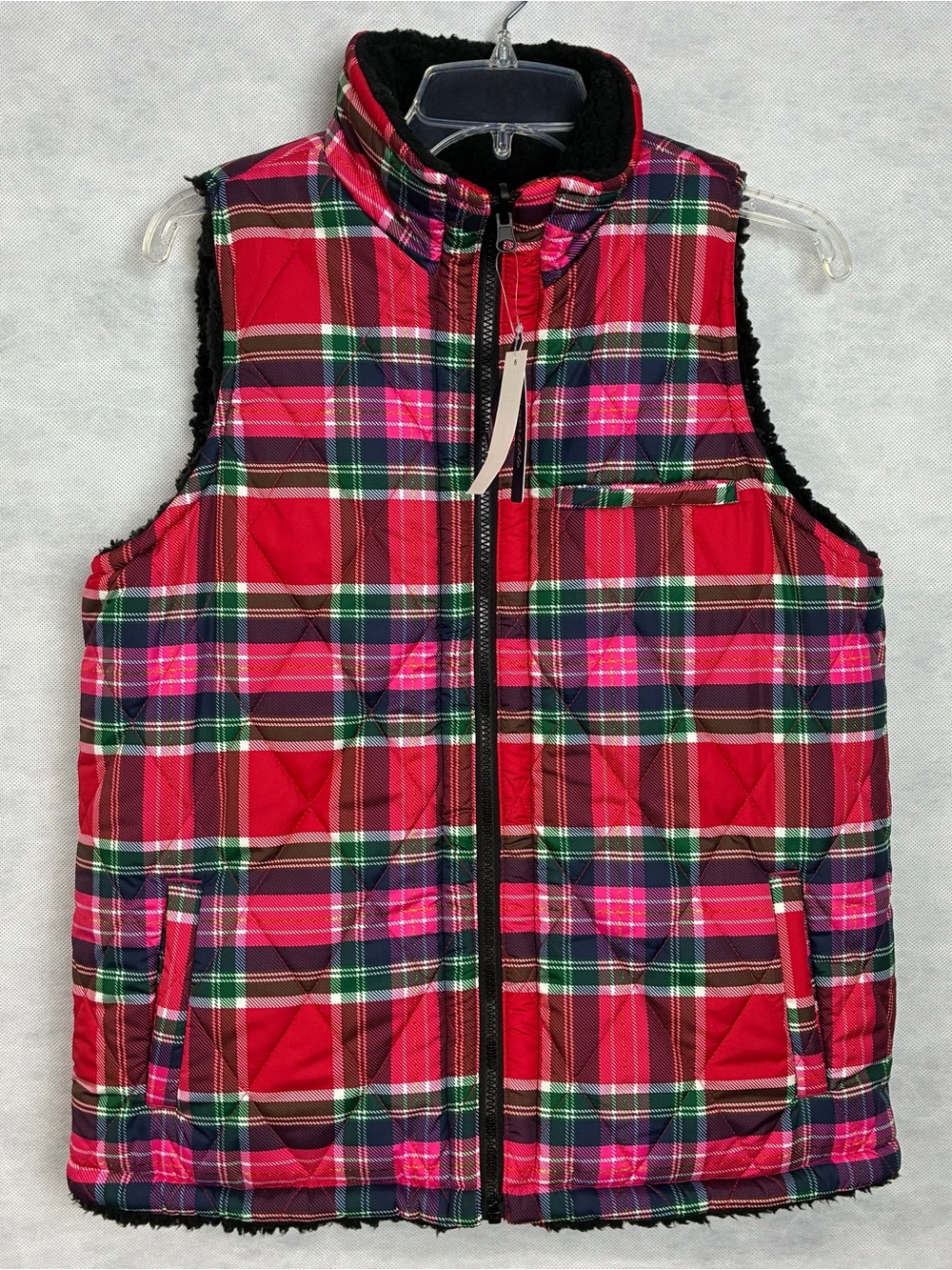 BELK Crown And Ivy Women's Size M Red Plaid & Black Faux Fur Reversible Vest